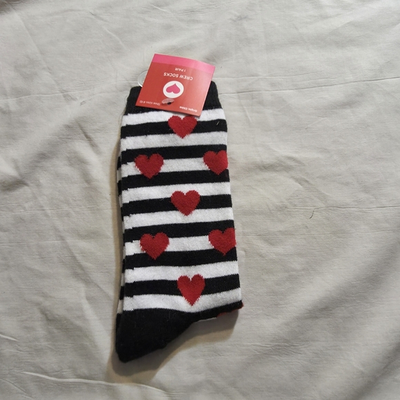 Accessories - Black and White Striped Socks with Red Hearts Valentine Size 4-10 Unisex